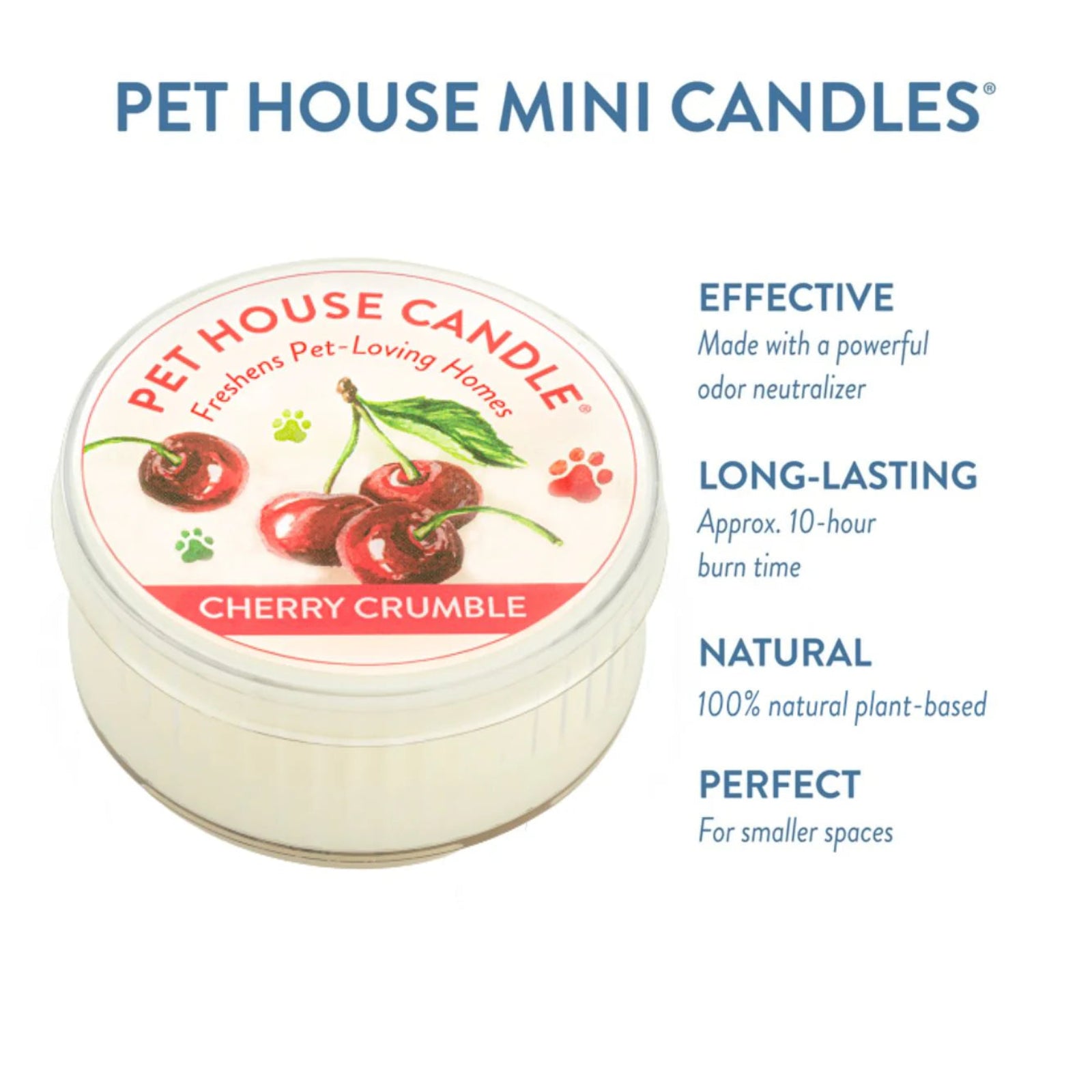 Pet House Mini Candle in Cherry Crumble flavor with product details on a white background