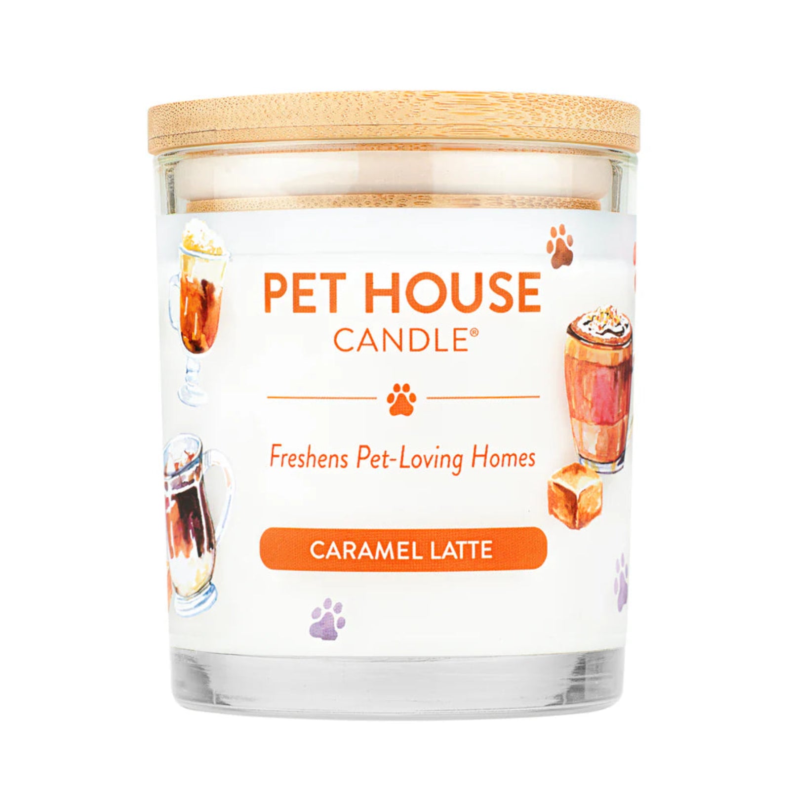 Pet House Candle labeled 'Caramel Latte' on a white background