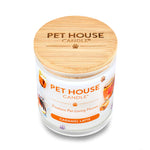 Pet House Candle in Caramel Latte flavor with a wooden lid on a white background