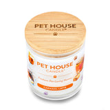 Pet House Candle in Caramel Latte flavor with a wooden lid on a white background