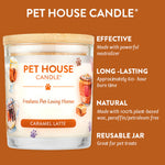 Pet House Candle jar with features on an orange background