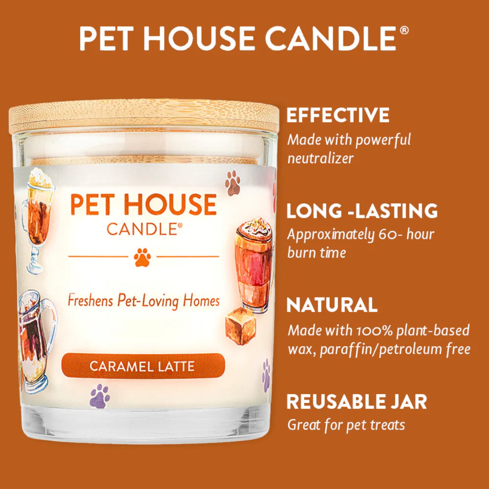 Pet House Candle jar with features on an orange background