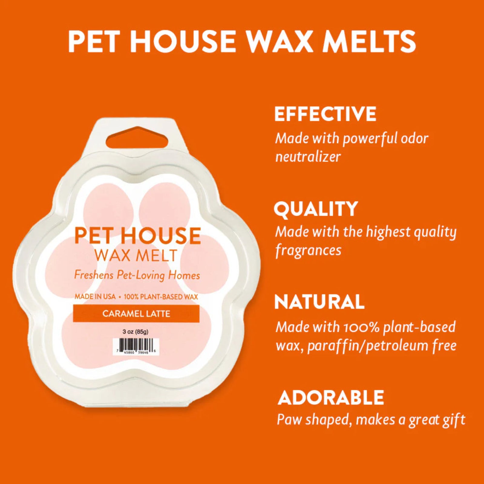 Pet house wax melts packaging with product details on an orange background