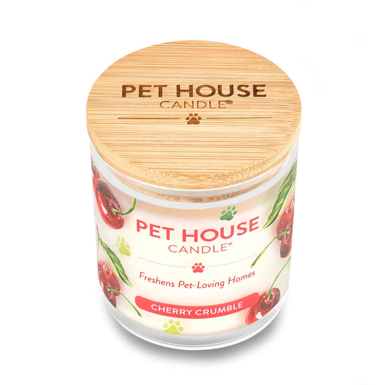 Pet House Candle with cherry crumble flavor on a white background