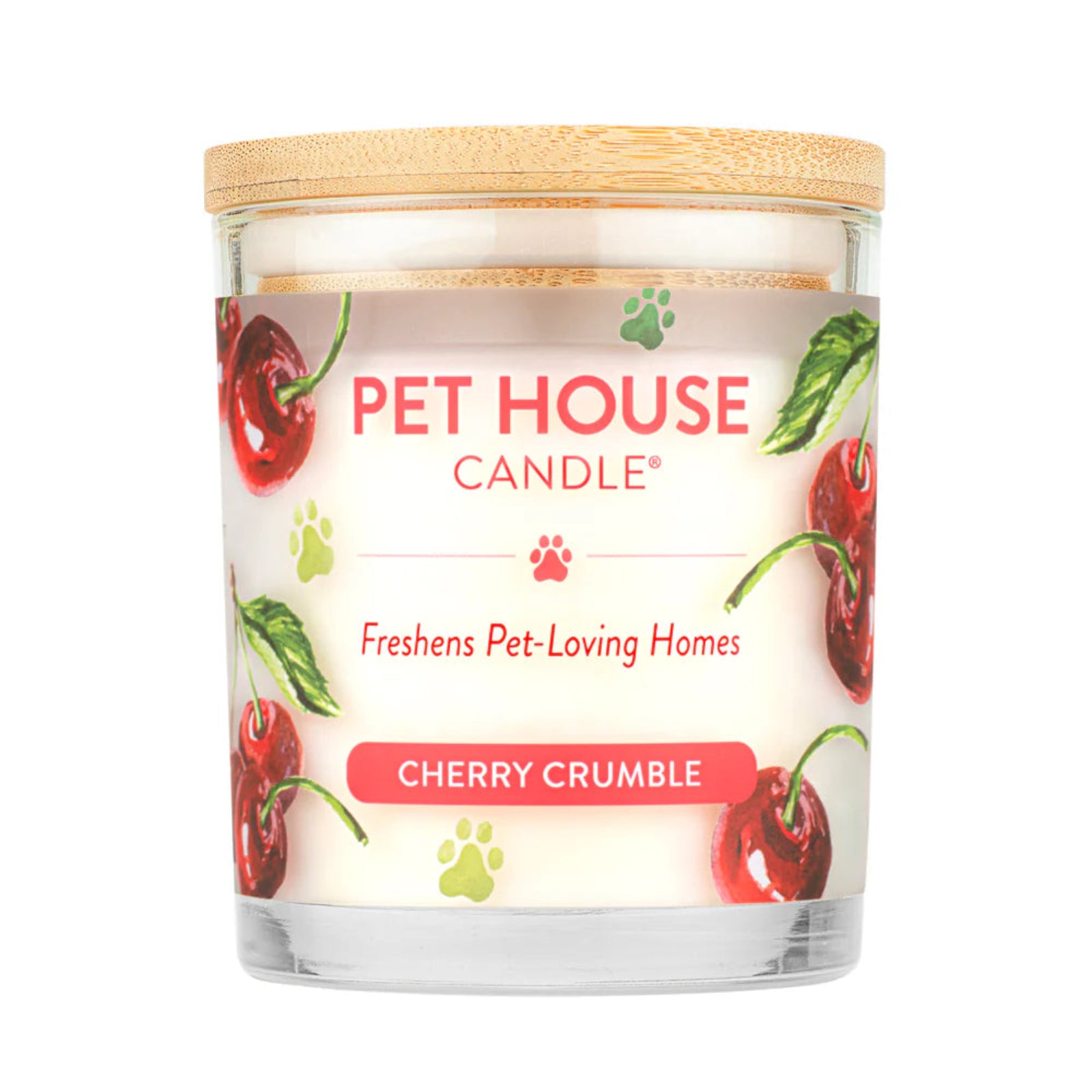 Pet House Candle with cherry crumble scent on a white background