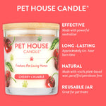 Pet House Candle jar with cherry crumble scent on a pink background