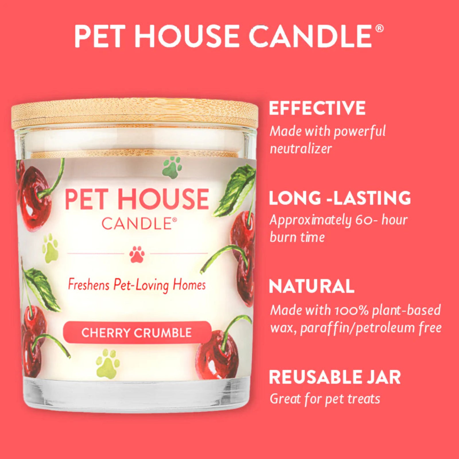 Pet House Candle jar with cherry crumble scent on a pink background