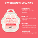 Pet House Wax Melts packaging with product details on a pink background