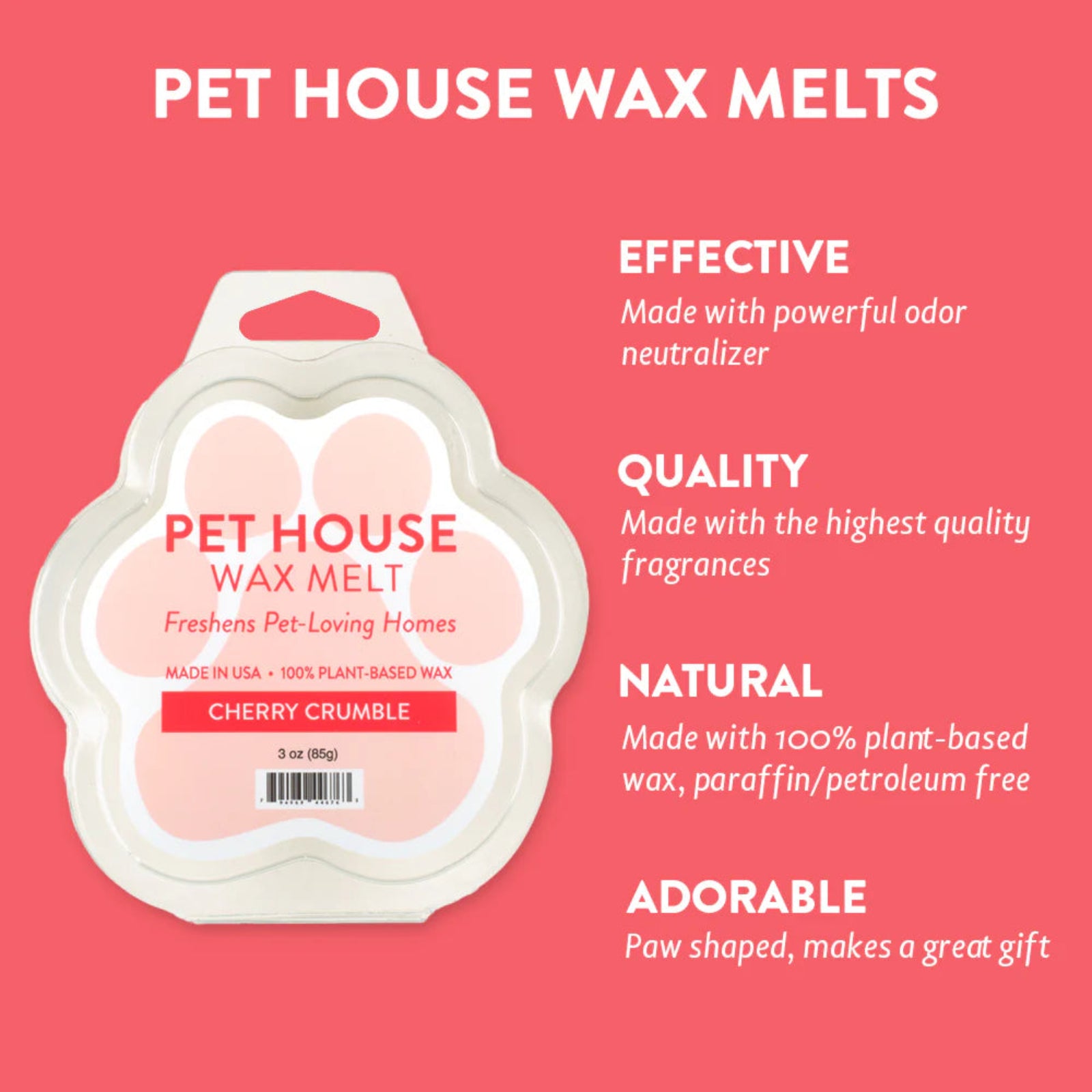 Pet House Wax Melts packaging with product details on a pink background