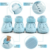 Light blue children's shoes with features highlighted on a white background