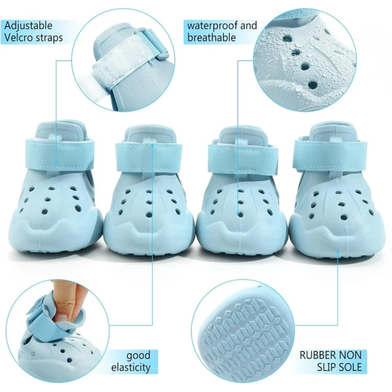 Light blue children's shoes with features highlighted on a white background