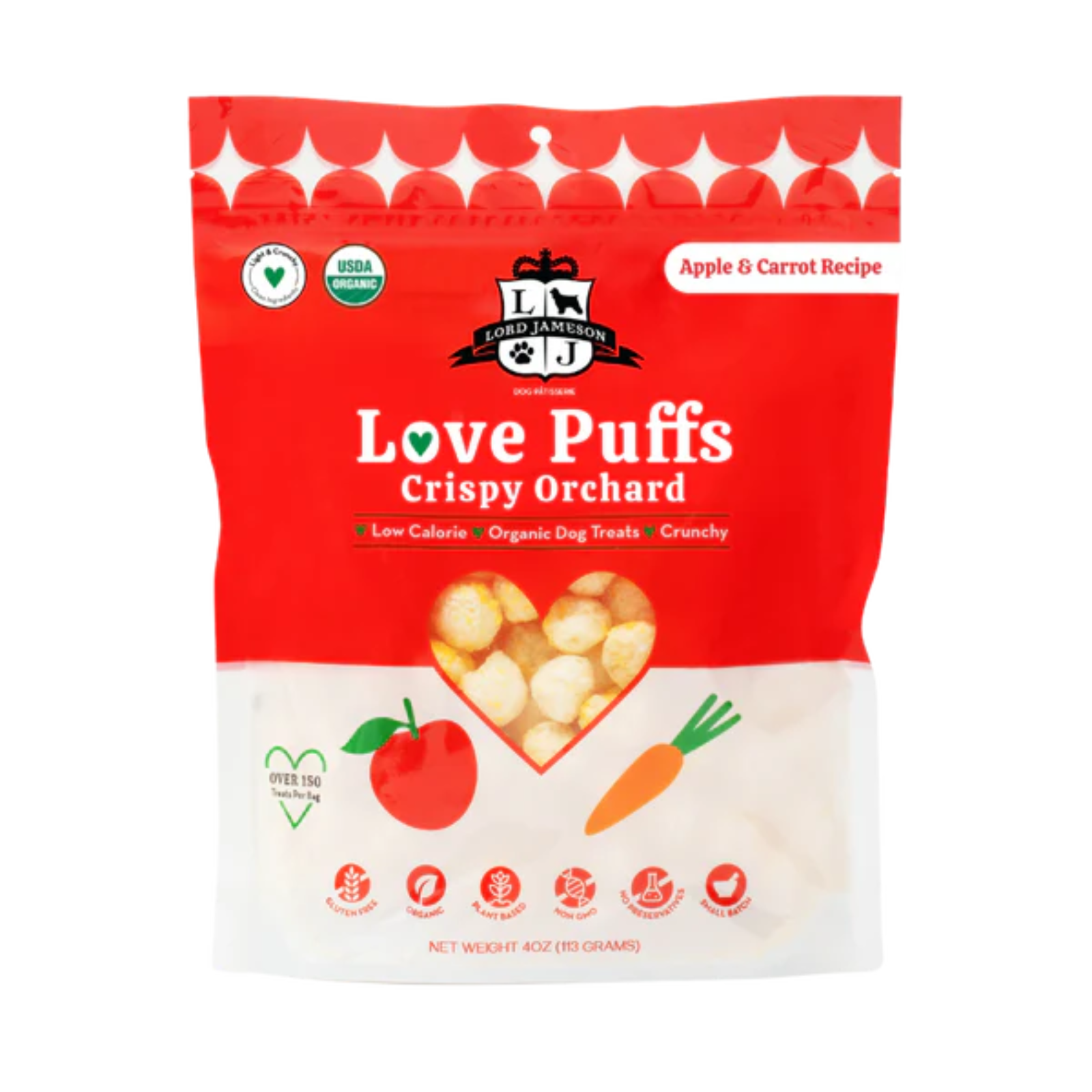 Bag of Love Puffs Crispy Orchard dog treats with a red label and white background