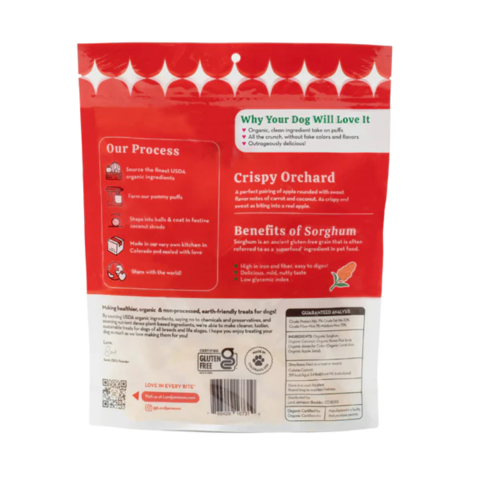 Back view of a red pet food package with text and branding on a white background