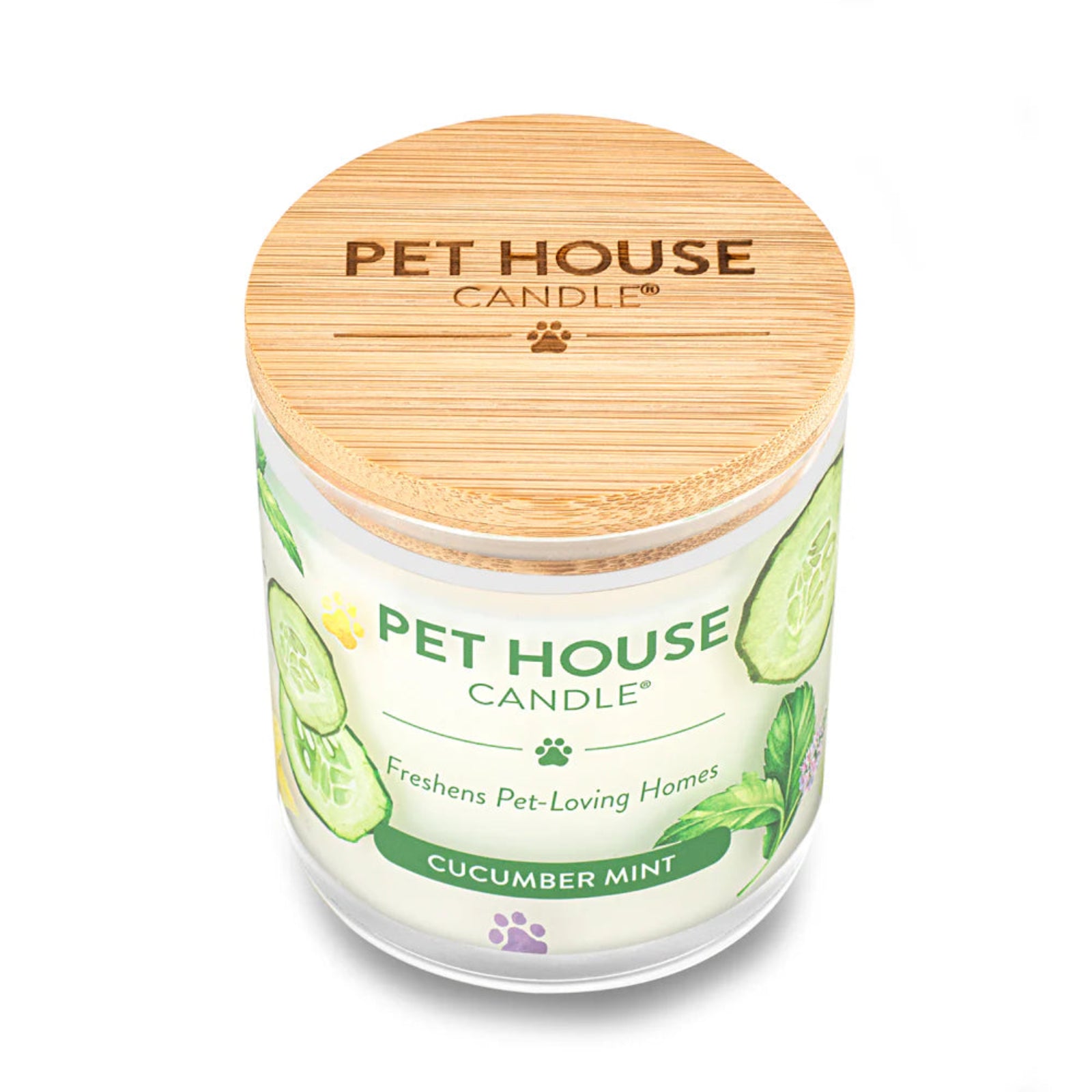 Pet House Candle with cucumber mint flavor on a white background