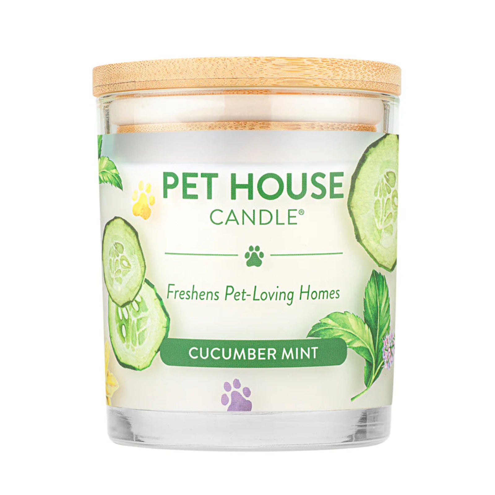 Pet House Candle with cucumber and mint design on a white background