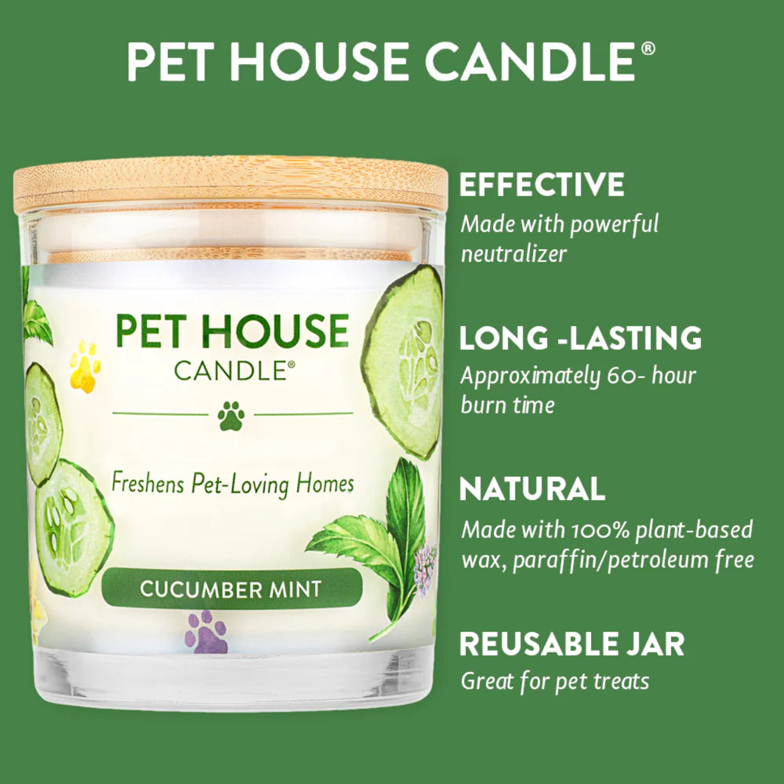 Pet House Candle with cucumber mint scent on a green background