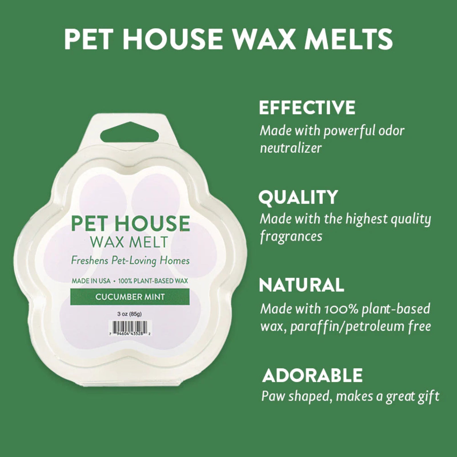 Pet house wax melts packaging with product details on a green background