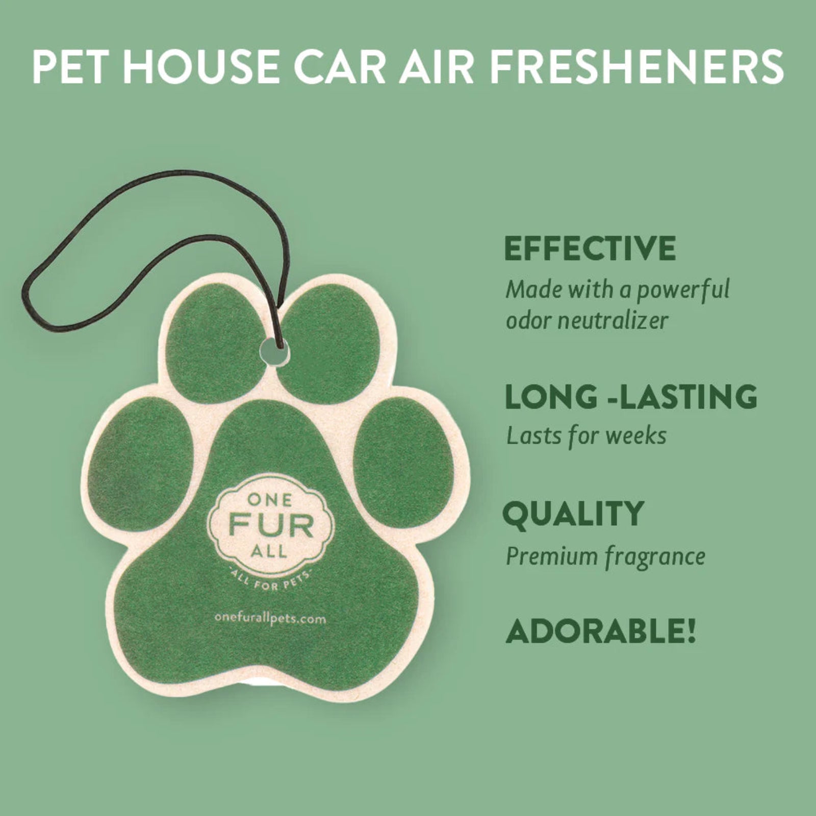 Green paw-shaped air freshener with 'One Fur All' branding on a green background