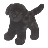 Black plush dog toy on a white background