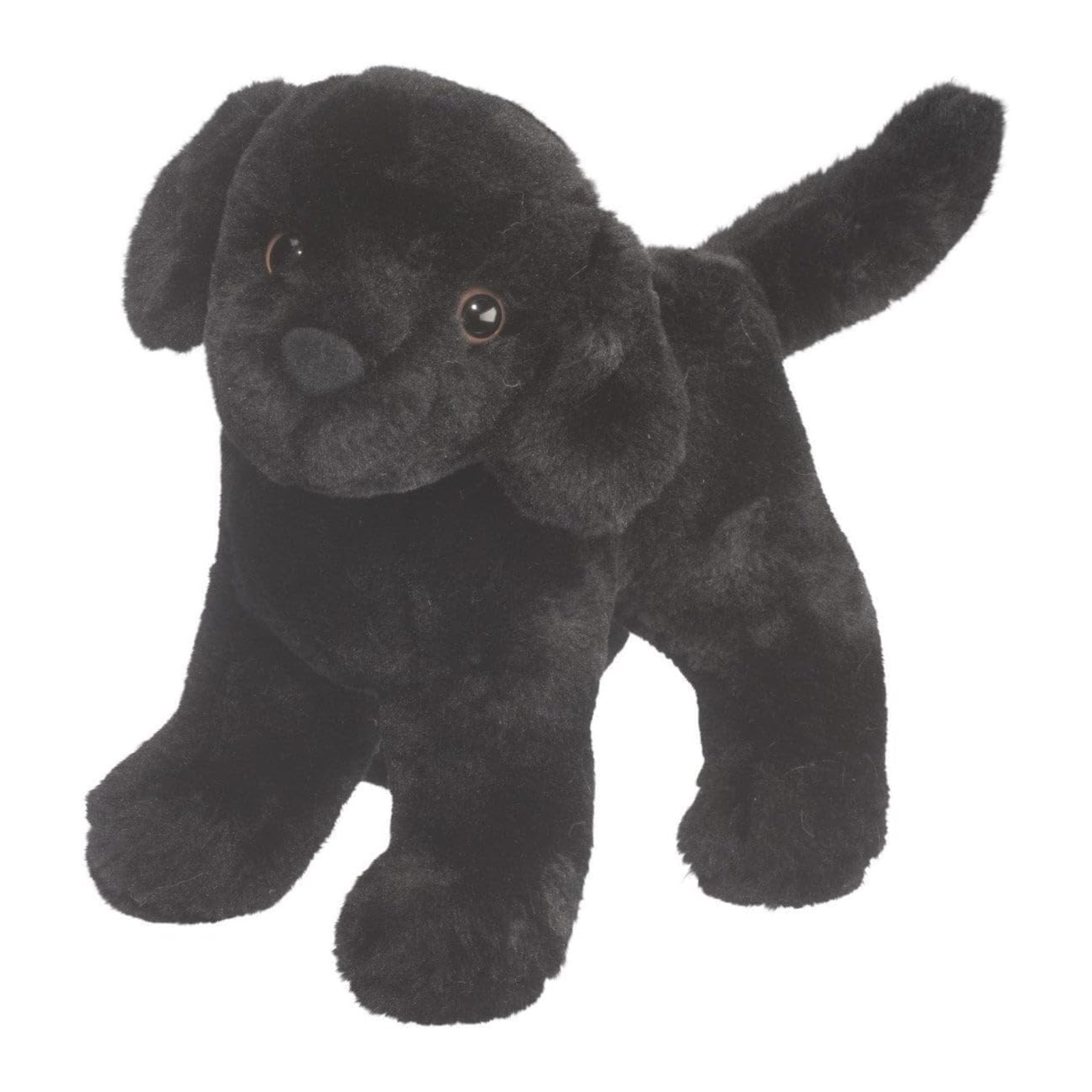 Black plush dog toy on a white background