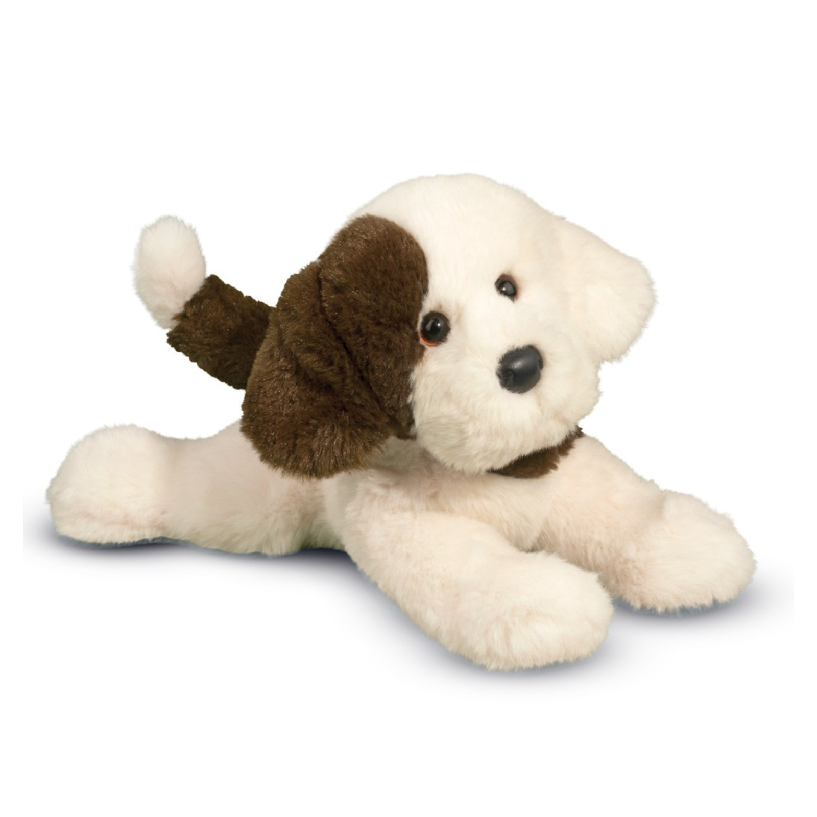 Stuffed dog toy with white and brown fur on a white background