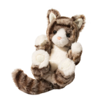Plush toy cat with brown and white fur on a white background