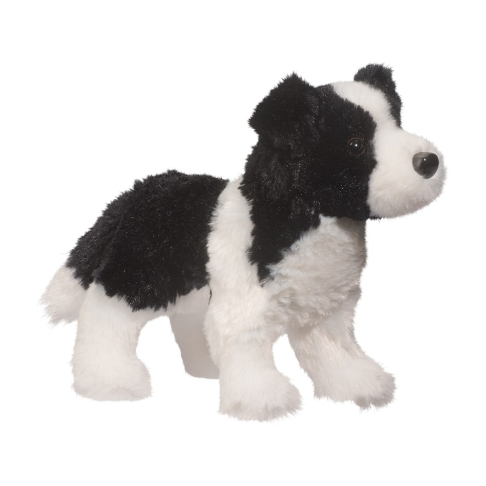 Plush toy of a black and white dog on a white background