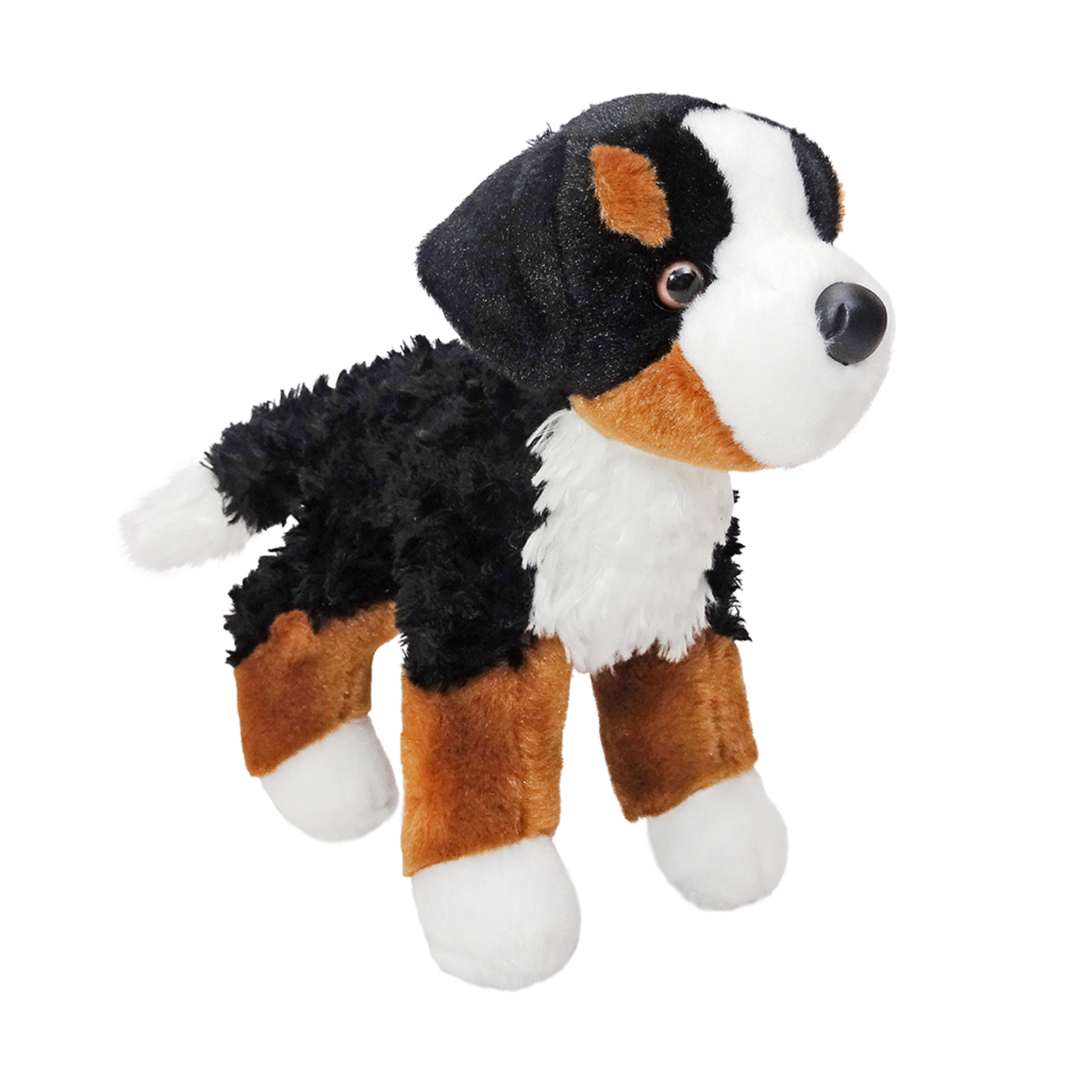 Plush toy dog with black, brown, and white fur on a white background