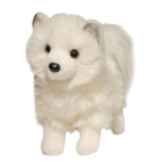 Plush toy of a white dog with black nose on a white background
