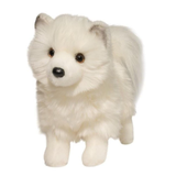 Plush toy of a white dog with black nose on a white background