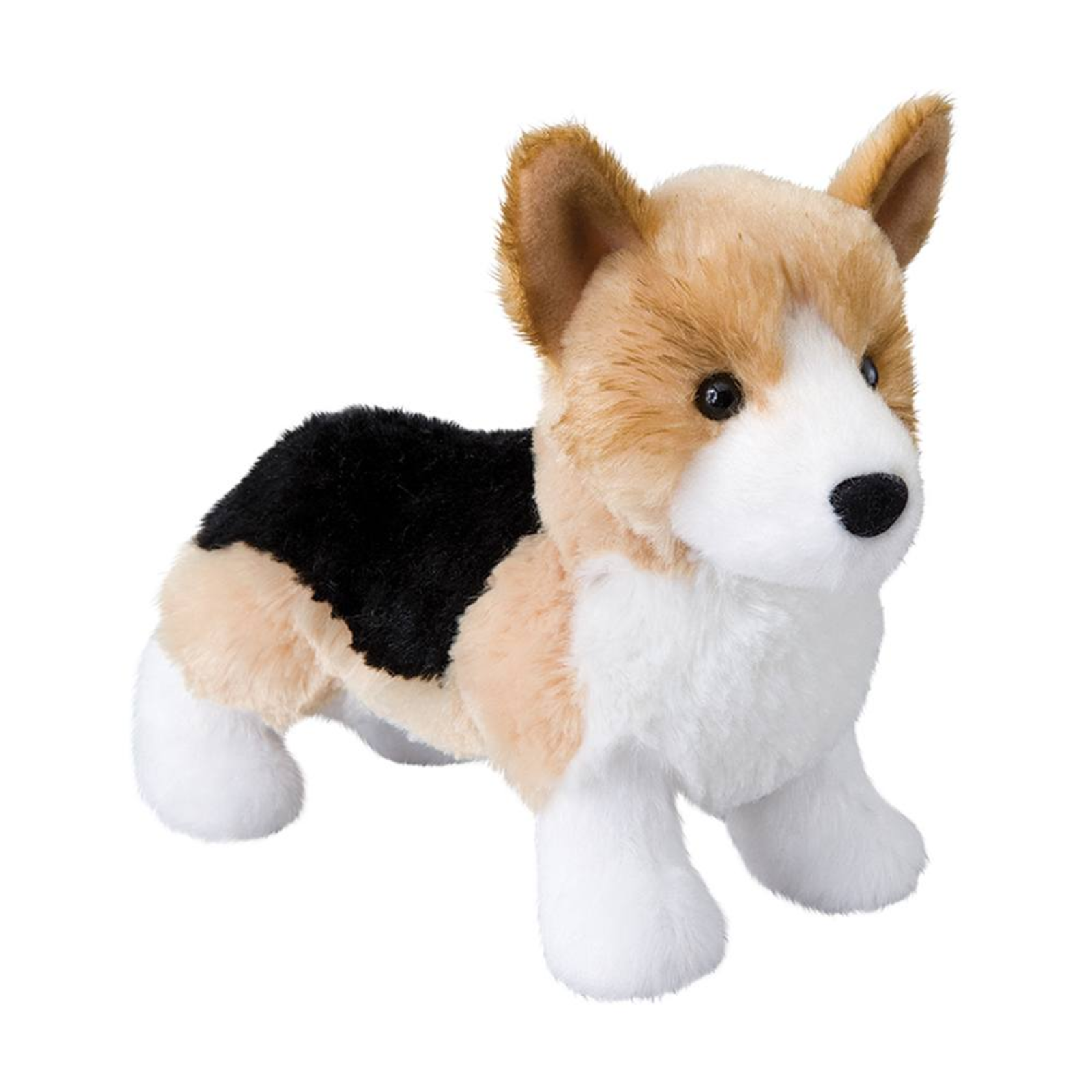 Plush toy dog with black, brown, and white fur on a white background