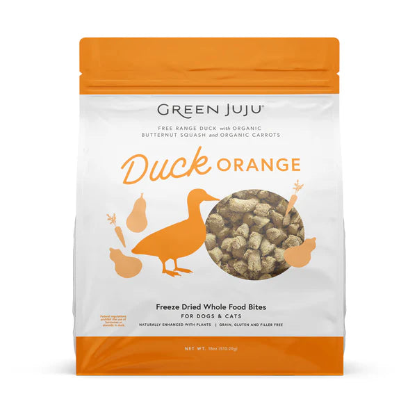 Green Juju Duck Orange freeze-dried whole food bites packaging on a white background
