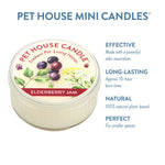 Pet House Mini Candle in Elderberry Jam flavor with product features listed on a white background