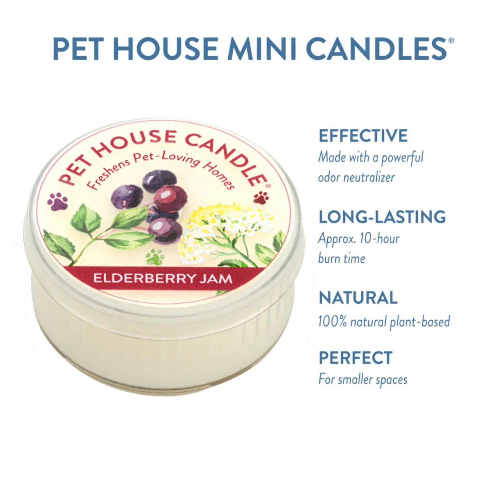 Pet House Mini Candle in Elderberry Jam flavor with product features listed on a white background