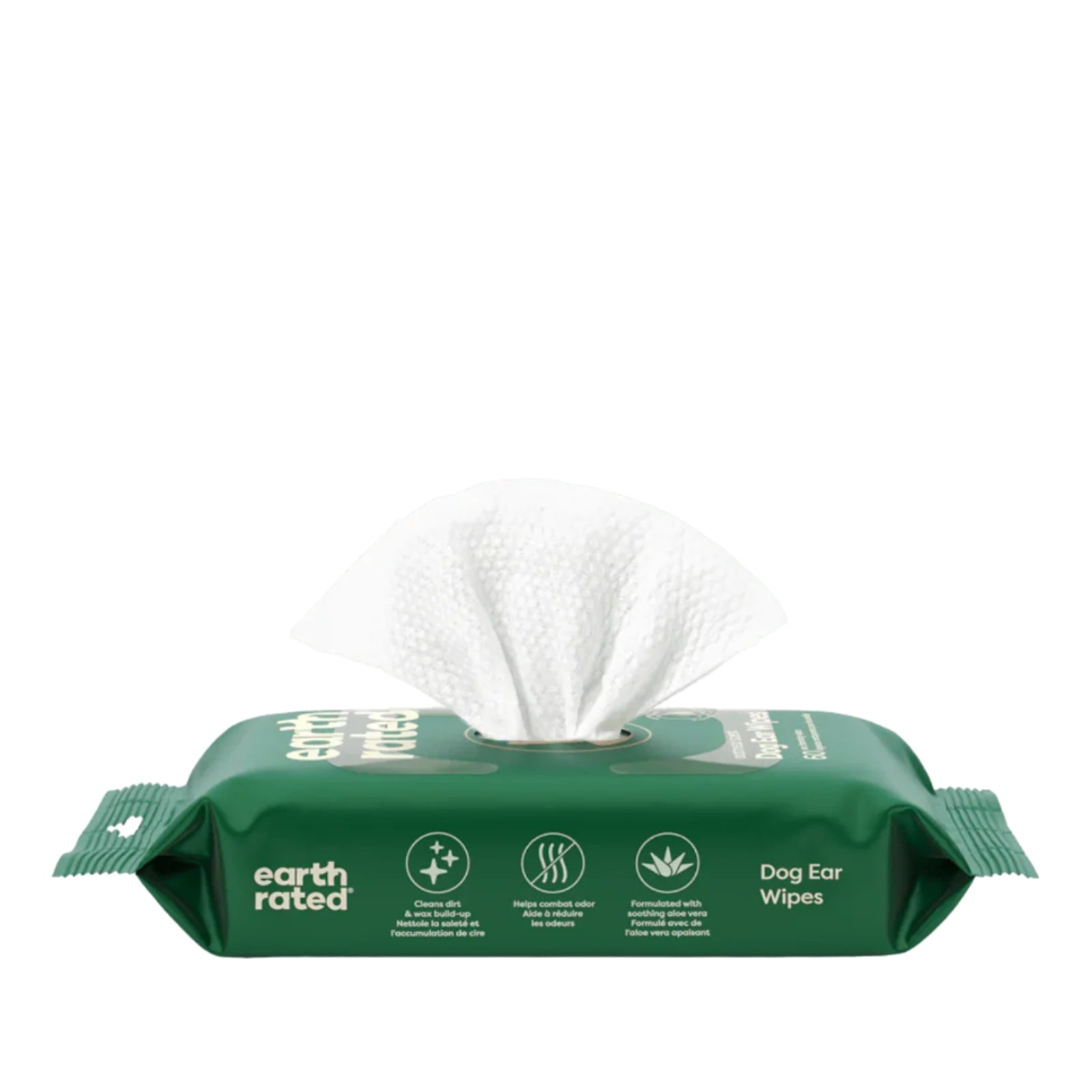 Green package of Earth Rated dog ear wipes on a white background