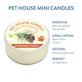 Pet House Candle in Evergreen Forest scent with product details on a white background