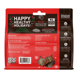 Dog food package with 'Happy Healthy Holidays!' text on a red and black background