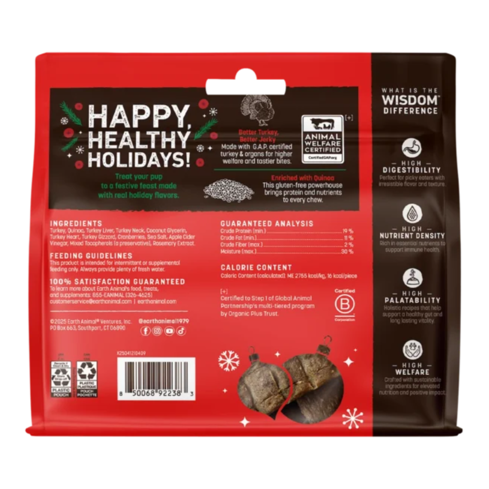 Dog food package with 'Happy Healthy Holidays!' text on a red and black background