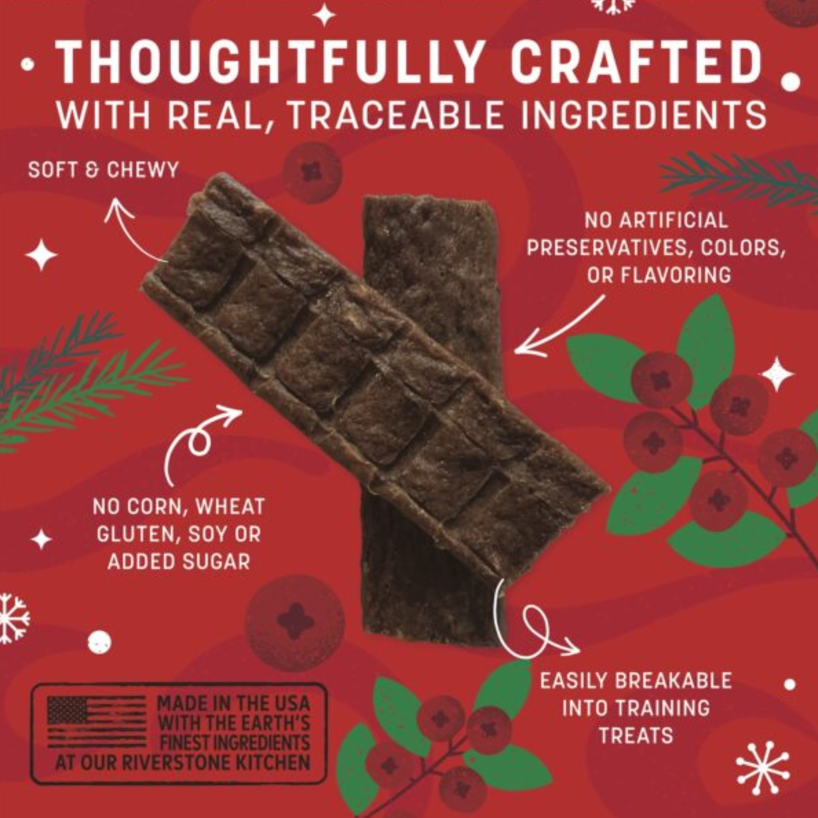 Chocolate bar with text about ingredients and branding on a red background