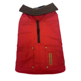 A red dog vest with a brown ribbed collar, a front zipper, and two front pockets with brass-tone snaps, shown on a plain white background.
