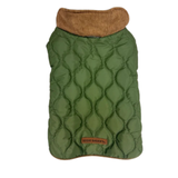 An olive green quilted dog puffer vest with a brown ribbed knit collar and a brown leather patch on the front.