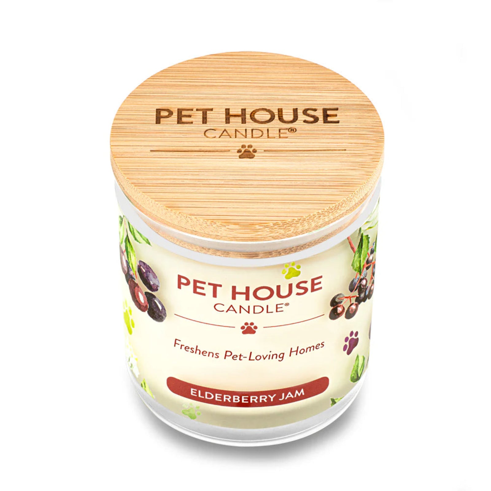 Pet House Candle in Elderberry Jam flavor with wooden lid on a white background