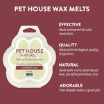 Pet House Wax Melts packaging with product details on a maroon background