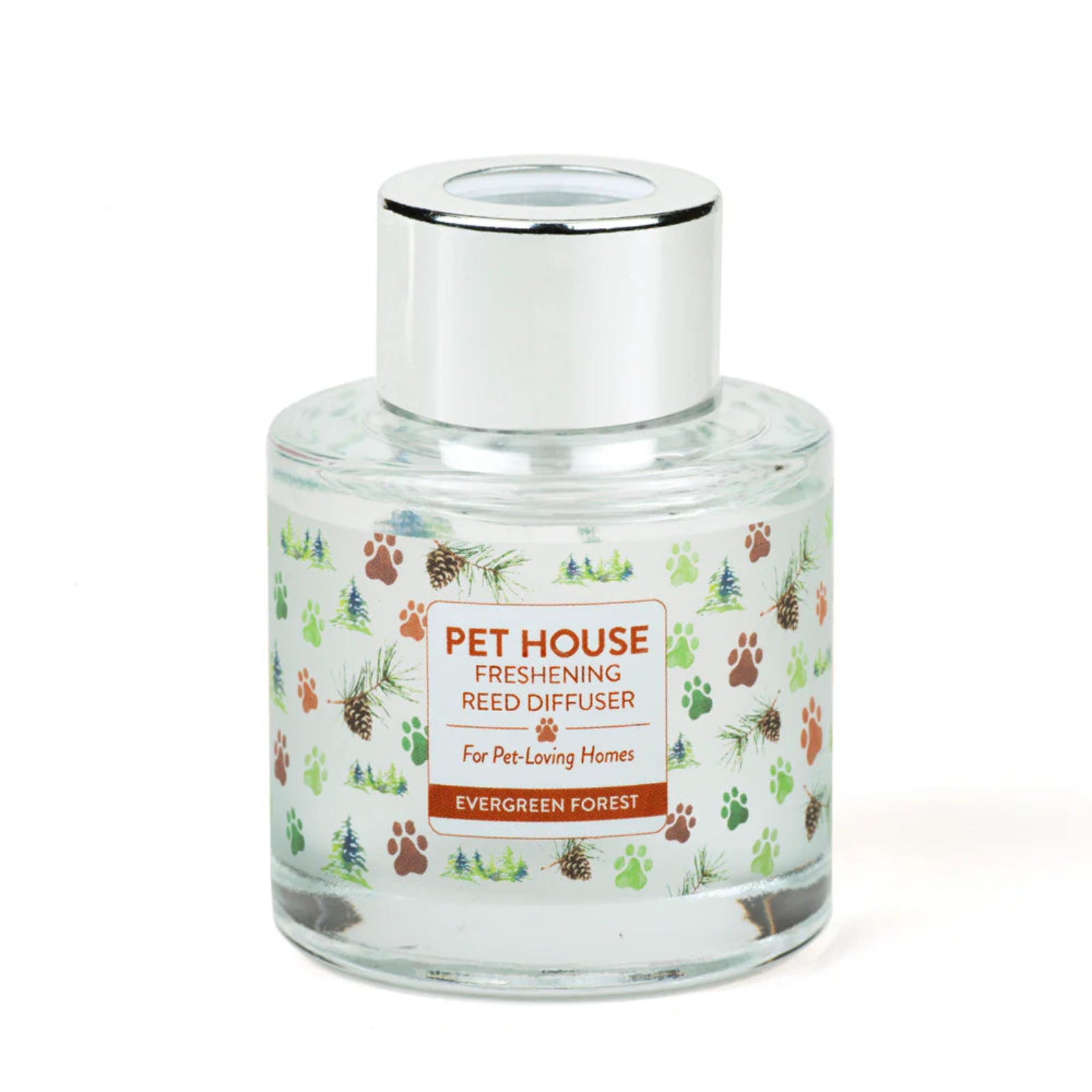 Pet House Freshening Reed Diffuser labeled 'Evergreen Forest' on a white background