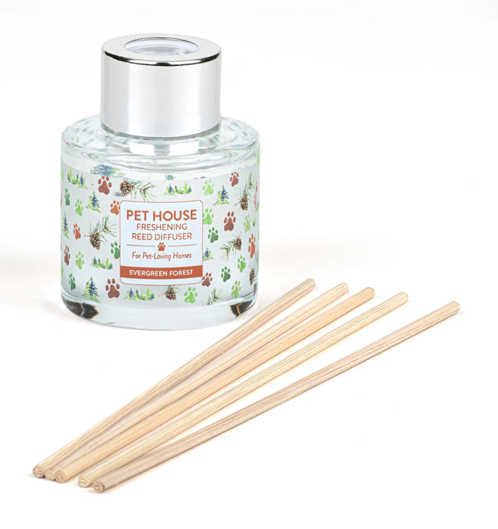Pet House Freshening Reed Diffuser with wooden sticks on a white background
