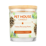 Pet House Candle with 'Evergreen Forest' label on a white background