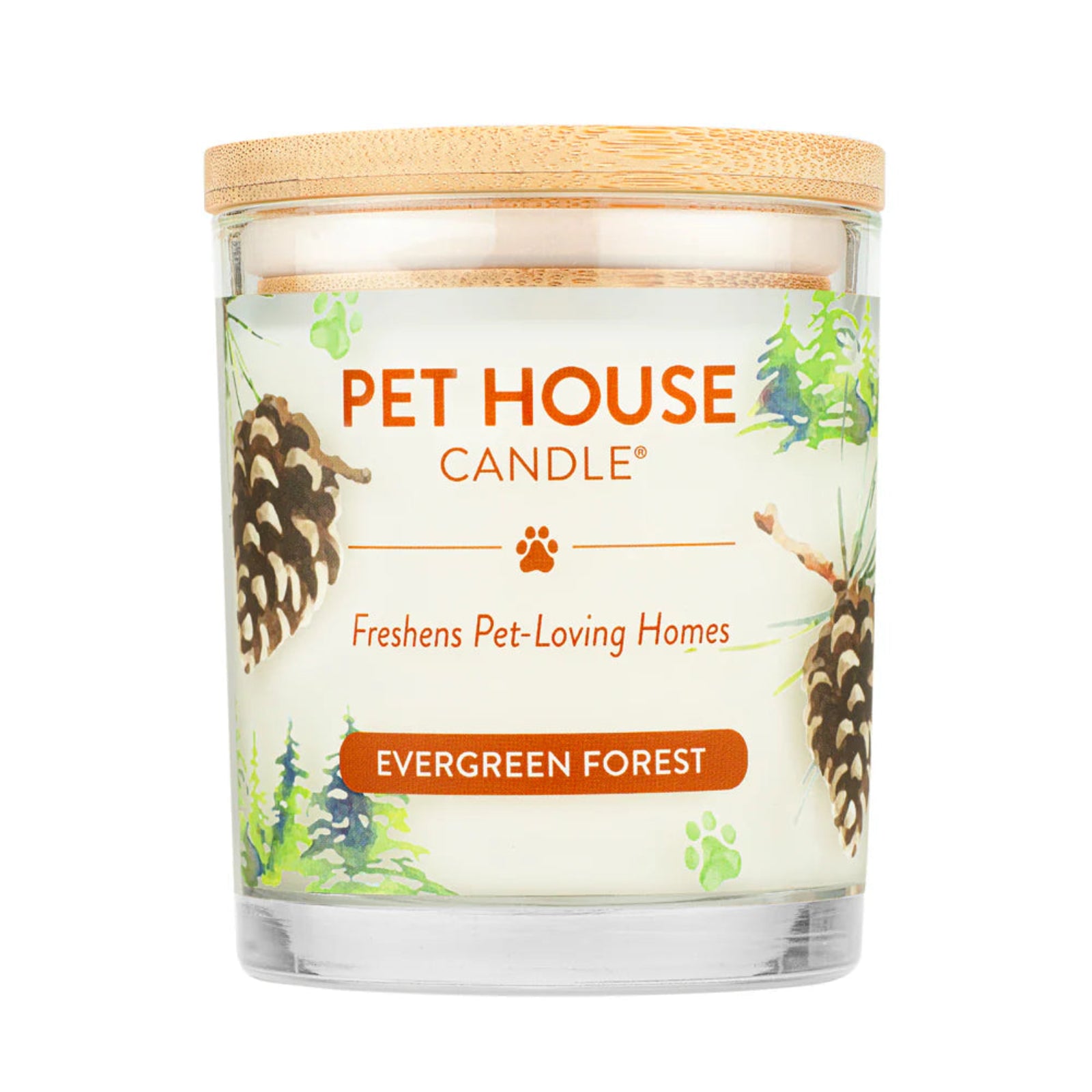 Pet House Candle with 'Evergreen Forest' label on a white background