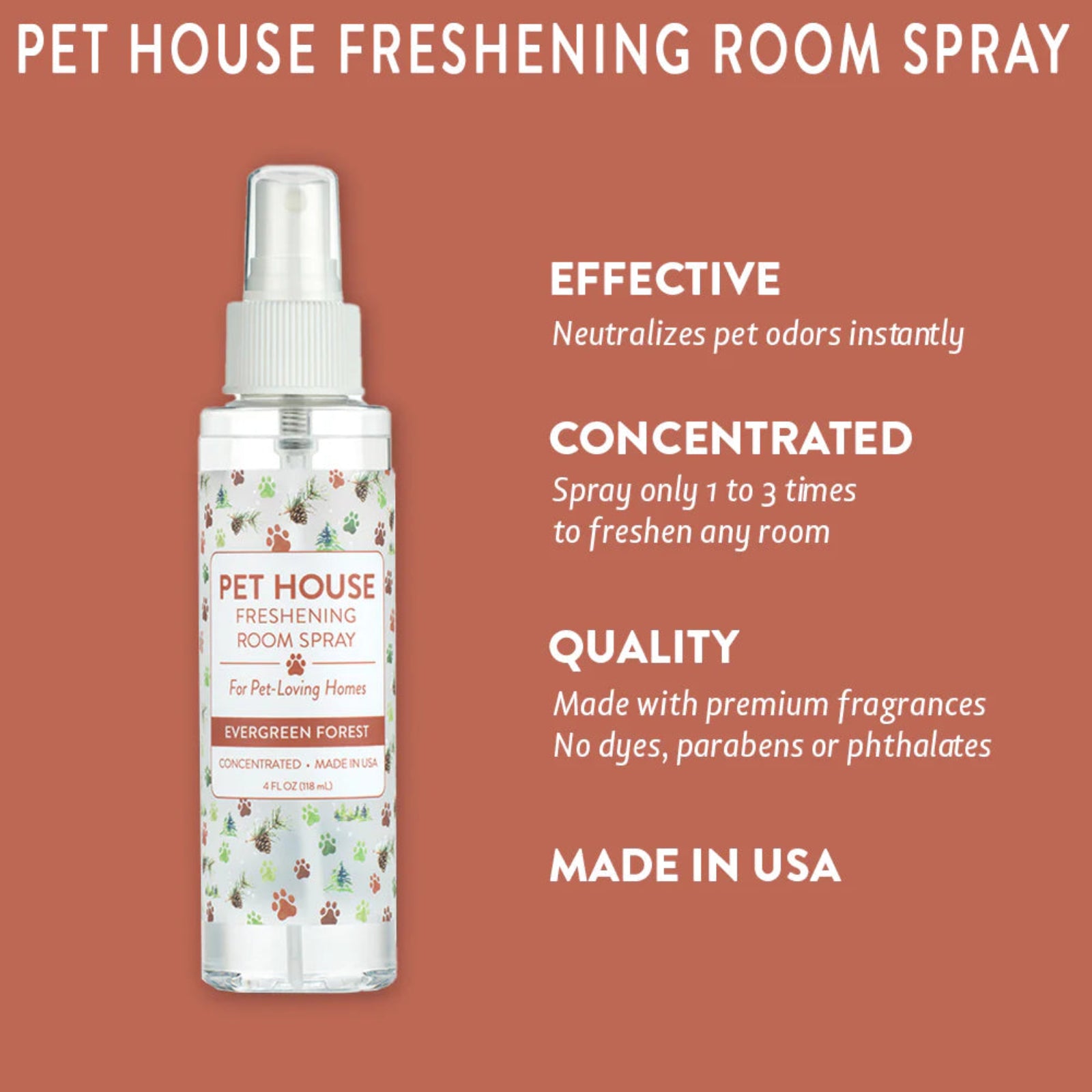 Pet house freshening room spray bottle with features on a brown background