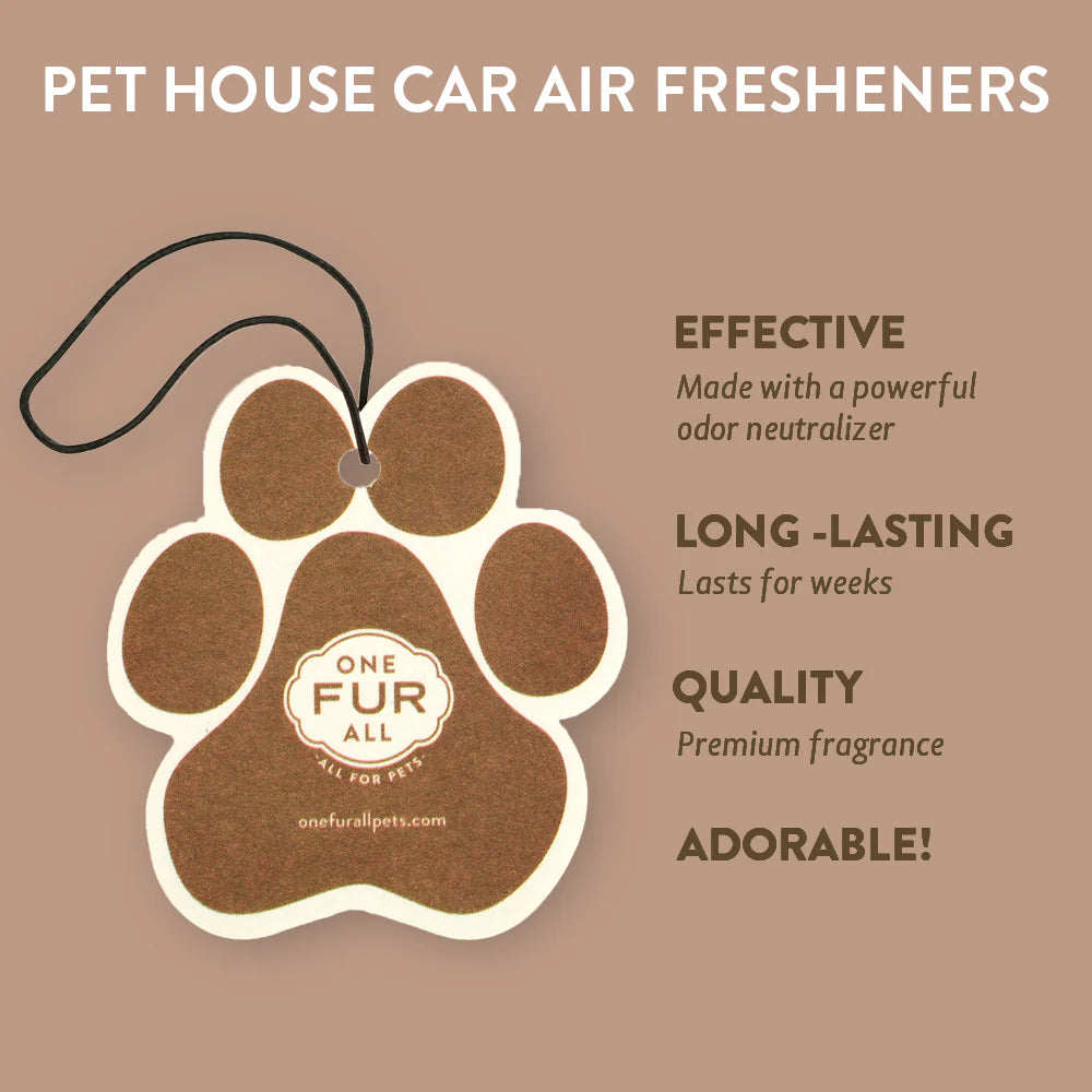 Pet house car air freshener with paw design and 'One Fur All' branding on a brown background.