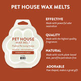 Pet House Wax Melt packaging with product details on a brown background